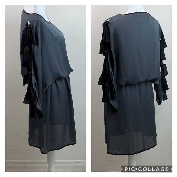 NWT THREAD silky elastic waist work part designer dress bow tie bat wing sleeves - Picture 4 of 14